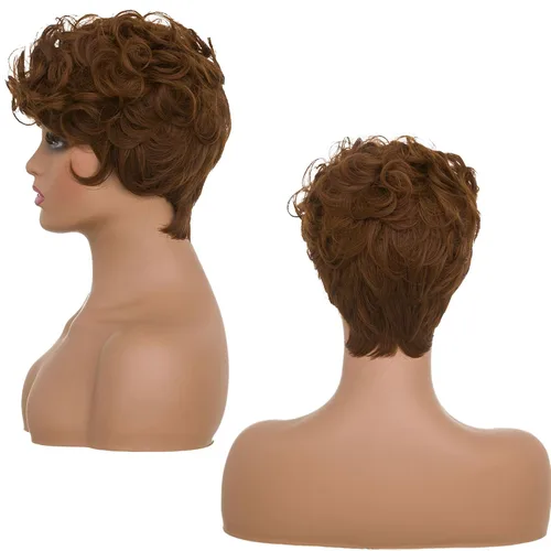 Miniatura 5 de MOONSHOW - Pelucas cortas de corte Pixie para mujeres negras, peluca de corte Pixie marrón Short Pixie Wigs for Black Women Natural Layered Short