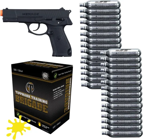 Tippmann Paquete de pistola de paintball de 50 cal con 7ª mag, cilindros de CO2 de 30 quilates de 0.42 oz y bolas de pintura de 500 unidades