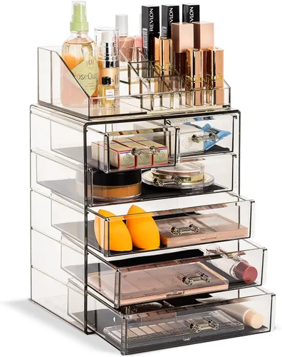Sorbus Contenedor y exhibidor de acrílico para guardar cosméticos, maquillajes y joyas. Diseño espaciado. Excelente para el baño, la cómoda, el Joya