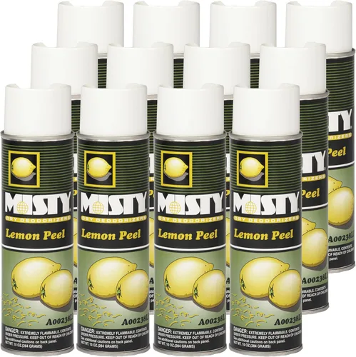 Misty 1001842 - Aerosol desodorizante ambientador, cáscara de limón, 10 onzas (caja de 12), neutralizador de olores prémium para humo,