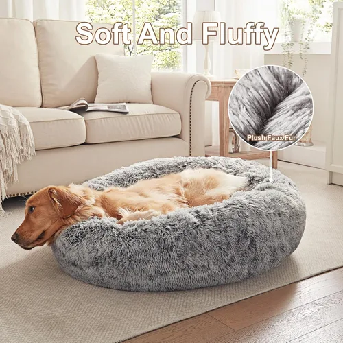 Miniatura 4 de Cama redonda con forma de dona de 36 pulgadas para perros grandes, cama redonda calmante y esponjosa para mascotas con funda extraíble y lavable, se