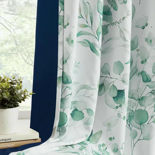 Miniatura 12 de Cortinas 100% opacas con patrón floral azul, 96 pulgadas de largo para dormitorio, estampado de hojas de acuarela, cortinas con aislamiento térmico