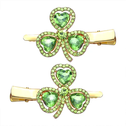 Pinzas para el cabello para el día de San Patricio, trébol de diamantes de imitación, clip de metal, divertido trébol irlandés, horquillas de trébol