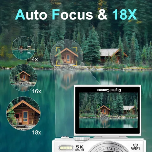 Miniatura 4 de Cámara digital 5K para fotografía - Cámara WiFi de 75MP para YouTube - Cámaras digitales UHD 18X Zoom con pantalla abatible de 3 pulgadas 180°