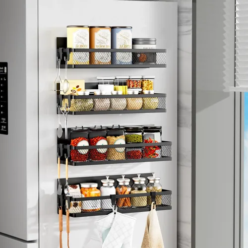 Miniatura 11 de Estante magnético para especias para refrigerador, paquete de 3 estantes magnéticos para refrigerador, cesta magnética móvil se utiliza para Negro