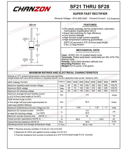 Miniatura 2 de Paquete de 100 piezas Chanzon SF28 Super Fast Recovery Rectificador Diodo 2A 600V 35ns DO-15 (DO-204AC) Axial 2 Amp 600 Volt Diodos Electrónicos