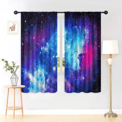 Miniatura 2 de Riyidecor Cortinas y Drapes Galaxia Espacio Nebulosa Cortinas de Cocina (2 Paneles 29.5 x 63 Pulgadas) Azul Bolsillo para Varilla Universo Planetas