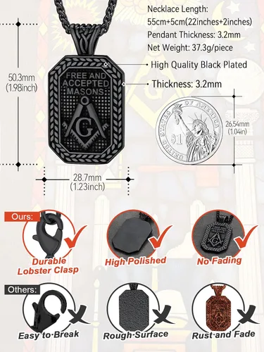 Miniatura 6 de FaithHeart Masonic Necklace for Men, Freemason Compass Symbol 18K Gold PlatedStainless Steel Free and Accepted Masons Pendant Jewelry with Gift Box