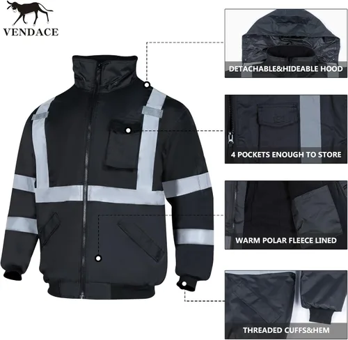 Miniatura 5 de VENDACE Chaquetas de seguridad reflectantes de alta visibilidad para hombres Forro polar de invierno ANSI Clase 1 Chaqueta bomber con capucha Hi Vis