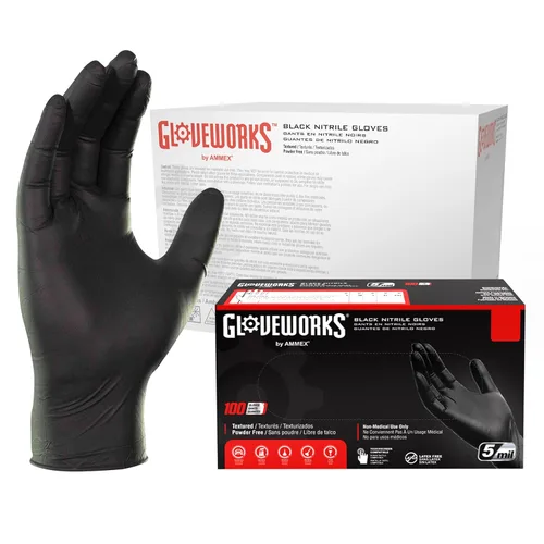 Guantes de nitrilo Gloveplus Ammex GPNB, caja con100, desechables, sin polvo, de grado industrial, 5 milésimas de pulgada, negros, Negro, 1000