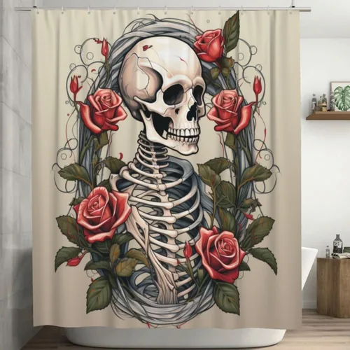 YLATY3445 - Cortina de ducha de calavera para baño, divertido juego de cortina de ducha hippie con flores rojas y esqueleto, pintura al óleo, tela