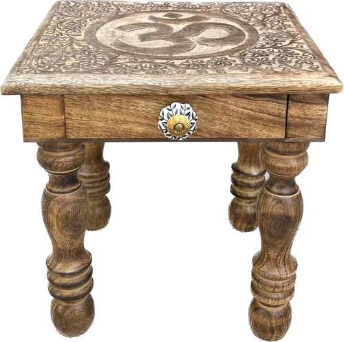 Miniatura 5 de DharmaObjects Mesa de meditación de altar de altar de oración tallada a mano de madera maciza de mango (OM)
