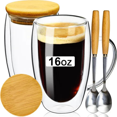 PARACITY Tazas de café de vidrio de doble pared de 16 onzas con tapa/cuchara de bambú, juego de 2 tazas de café de vidrio con asa, taza de café