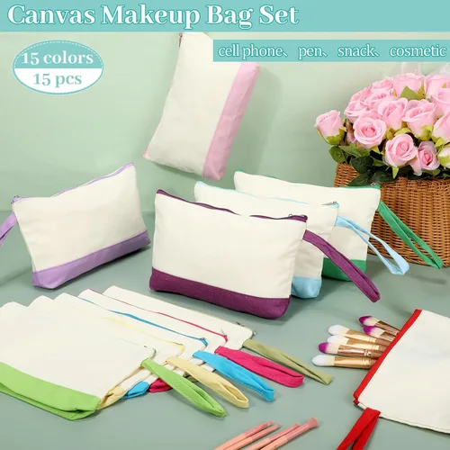 Miniatura 4 de Silkfly Bolsas de Maquillaje de Lona de Algodón Lona Cosmética con Cremallera 10.2 x 5.5 x 2 Pulgadas Bolsa de Bricolaje en Blanco al por Mayor