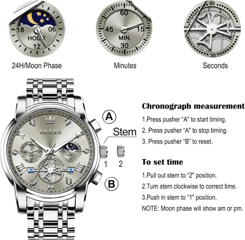 Miniatura 5 de OLEVS Relojes para hombre de acero inoxidable con cronógrafo, reloj de pulsera grande analógico de cuarzo, relojes de vestir impermeables de moda