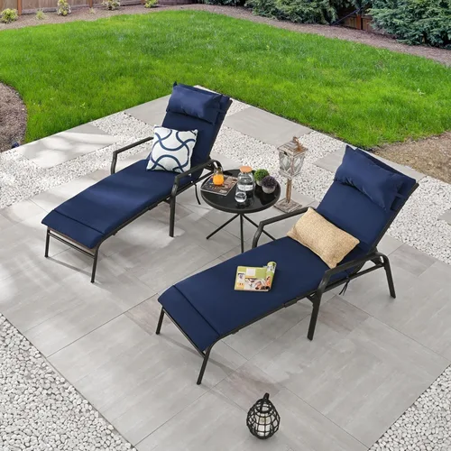 Miniatura 6 de LOKATSE HOME - Juego de camastros ajustables con mesa plegable, con cojines de color azul oscuro, para patio o exteriores (juego de 3 piezas)