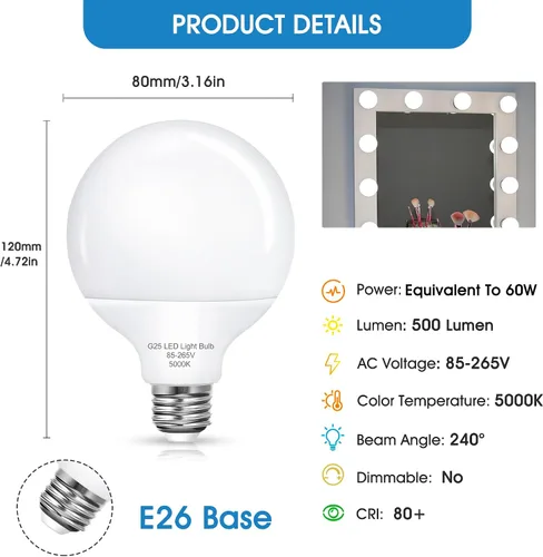 Miniatura 2 de Paquete de 8 bombillas G25 para tocador, bombillas LED para espejo de tocador de baño, equivalente a bombillas de 60 W, brillo de 5000 K luz diurna