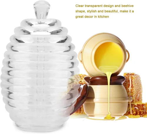 Miniatura 4 de Tarro de miel, 9.0 fl oz, botella de miel transparente sellada, tarro de mermelada en forma de colmena, patrón de panal con barra de goteo