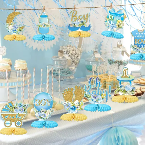 Miniatura 5 de Tarklanda 12 centros de mesa de nido de abeja para baby shower, decoración de fiesta para niños, diseño floral azul dorado con texto en inglés "It's