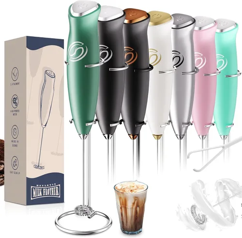 Miniatura 12 de Espumador de leche de mano, mezclador de bebidas, agitador de café de mano, espumador eléctrico para mezclador de café, varita con 2 batidores