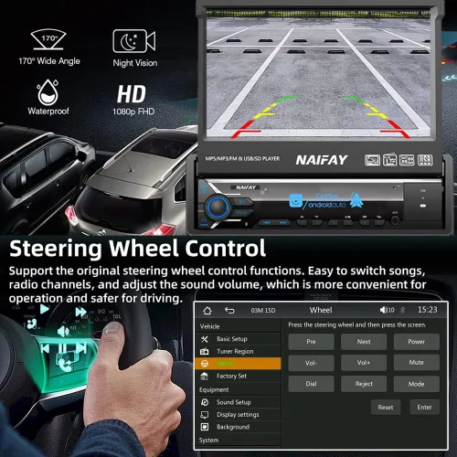 Miniatura 4 de Naifay Estéreo de coche con pantalla táctil de un solo DIN con Carplay y Android Auto, pantalla abatible de 7 pulgadas con receptores de audio