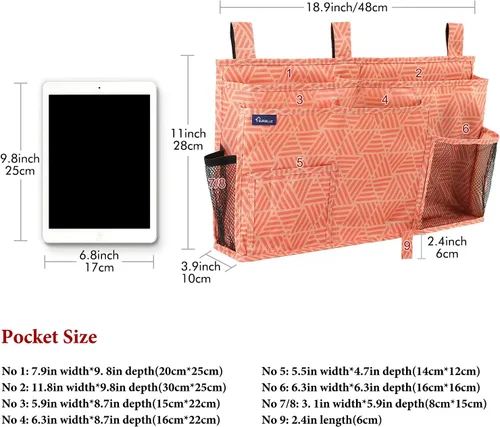 Miniatura 5 de Surblue Organizador colgante para mesita de noche, bolsa de almacenamiento con bolsillo para litera, hospital, dormitorios universitarios, rieles