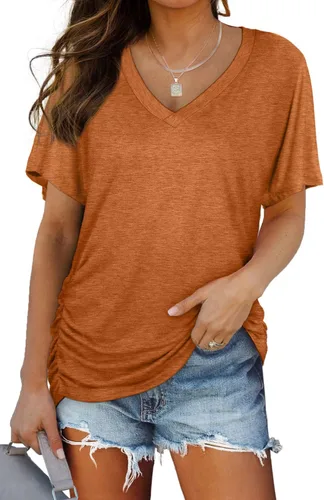 Miniatura 26 de WIHOLL - Camisetas de manga corta con cuello en V para mujer, holgadas, con fruncido lateral