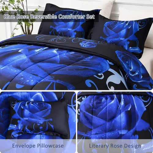 Miniatura 4 de WONGS BEDDING Juego de edredón azul tamaño matrimonial, juego de edredón reversible con estampado de rosas azules con 2 fundas de almohada