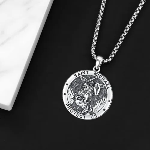 Miniatura 213 de Odinstone Collar de plata de ley 925 con medalla de San Miguel/San Cristóbal/San Benito/Crucifijo de Jesús/San Uriel/Arcángel Rafael para hombres