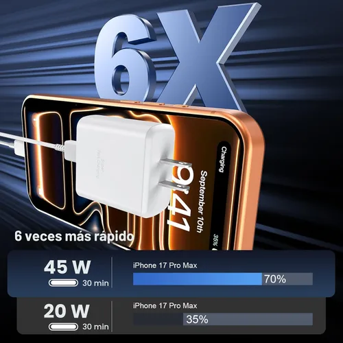 Miniatura 3 de Cargador para iPhone 17 16 Pro Max de carga rápida, 45 W USB C iPhone 17/16 bloque de carga súper rápido con cable de carga tipo C de 10 pies