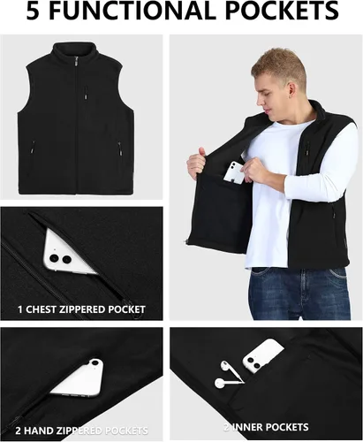 Miniatura 3 de Outdoor Ventures - Chaleco de forro polar ligero con cremallera completa para hombre, con 5 bolsillos, cálido invierno, sin mangas, chaqueta informal
