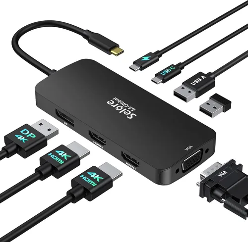 Miniatura 11 de Estación de acoplamiento USB C con adaptador de monitor dual HDMI, Selore USB C Hub para 3 monitores con dual HDMI, DisplayPort, VGA, carga PD