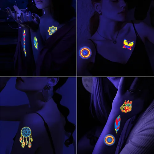 Miniatura 2 de Tatuajes que brillan en la oscuridad, 170 piezas de neón UV luz negra reactiva tatuajes temporales brillantes suministros de fiesta calcomanías