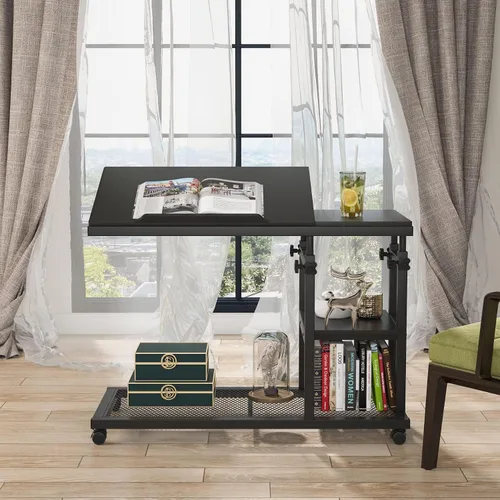 Miniatura 4 de Tribesigns Mesa C de altura ajustable con ruedas, mesa auxiliar móvil para aperitivos con tablero de dibujo inclinable, soporte para sofá, mesita