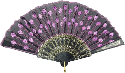 Miniatura 13 de InnoLife Elegante abanico de mano plegable con flores bordadas y patrón de pavo real con lentejuelas en tela artesanal (5 piezas, rojo)