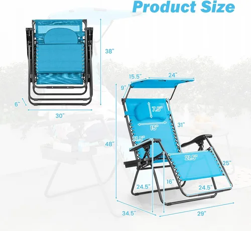 Miniatura 3 de Goplus Sillas Zero Gravity, Silla de jardín plegable y reclinable extra grande con toldo y soporte para tazas, Silla reclinable plegable ajustable