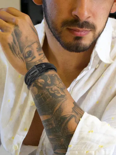 Miniatura 2 de Pulsera de cuero para hombre con cruz trenzada de varias capas con cierre de acero inoxidable, regalos religiosos cristianos para él