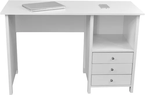 Miniatura 9 de Techni Mobili Escritorio blanco con cajones: escritorio de oficina pequeño con 3 cajones de gabinete, estante abierto y paneles de madera laminada
