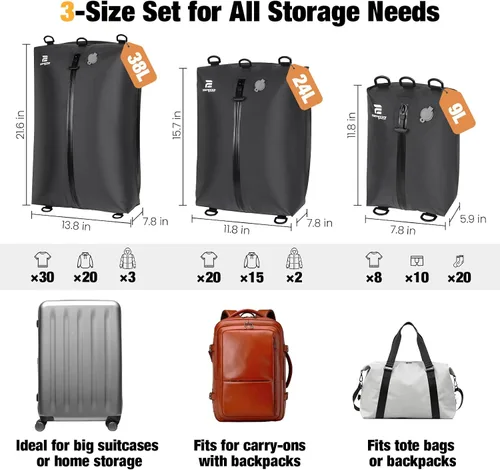 Miniatura 2 de Bolsas de vacío para viajes con bomba, juego de 3 tamaños, bolsas de compresión al vacío reutilizables para equipaje, ahorro de espacio IP67, cubos