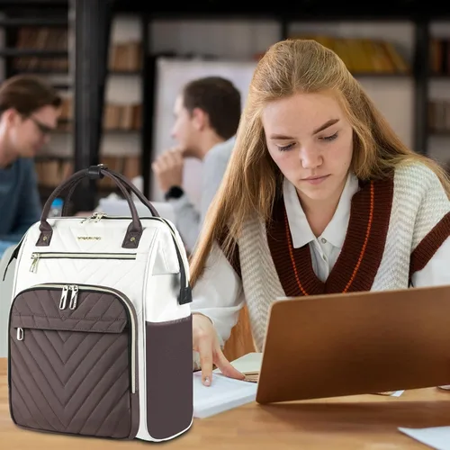 Miniatura 6 de VANKEAN Mochila para portátil de 17 pulgadas para mujeres y hombres, bolsa de trabajo de computadora de moda, Beige-café, 15,6 pulg., Moda