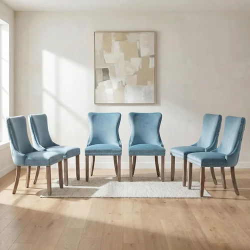 Miniatura 27 de OVENTA Juego de 4 sillas de comedor modernas tapizadas con respaldo completo, sillas de comedor de terciopelo dorado con patas de madera maciza