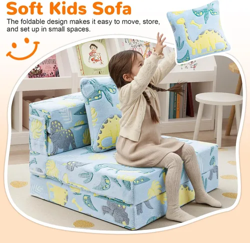 Miniatura 2 de MeMoreCool Glow Dinosaur - Sofá cama de tres pliegues para niños, colchón y silla de futón plegable, sofá convertible para sala de juegos Cielo Dino