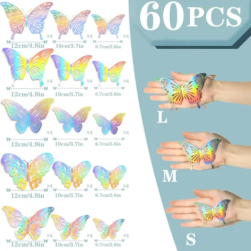 Miniatura 6 de 60 calcomanías de pared de mariposa plateada iridiscente 3D, calcomanías holográficas con 5 estilos murales de papel decorativo para guardería, aula