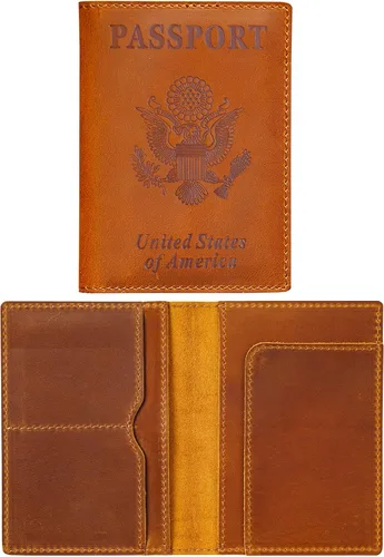 Miniatura 12 de HIFA Funda de cuero para pasaporte, funda para pasaporte hecha a mano con ranura para tarjetas y boletos, piel auténtica, diseño elegante, fácil