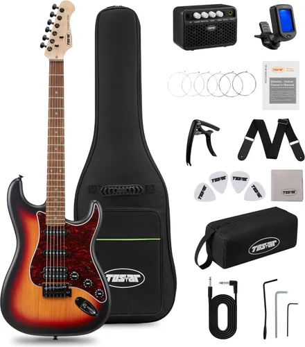 Miniatura 10 de Tostar Kit de guitarra eléctrica con amplificador, 39 pulgadas, tamaño completo, 6 cuerdas, ligero, diseño de cuerpo redondeado, interruptor