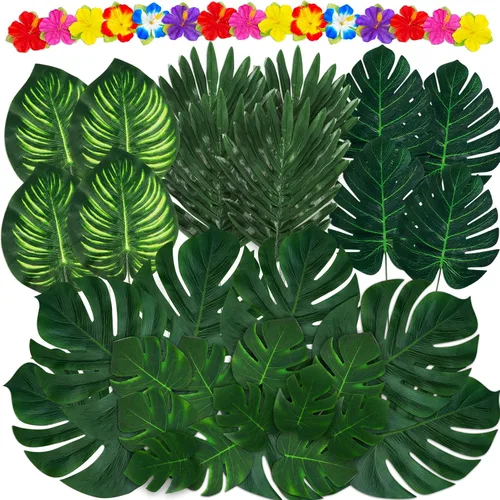 Moon Boat 120 hojas de palmera tropicales, hibisco, artificiales, 105 unidades, 7 tipos de hojas falsas verdes + 15 flores, decoración de mesa