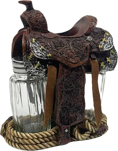 Miniatura 5 de Urbalabs Western Saddle Wagon Wheel Spur and Belt Country Star Cowboy Roper Star - Salero y pimentero con hebilla de estrella, carrito para mesa