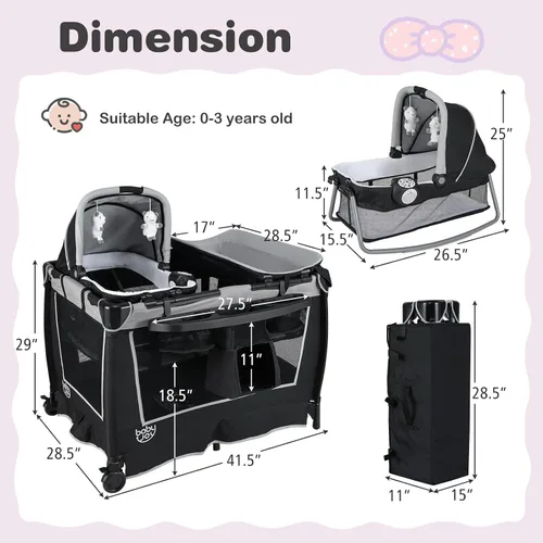 Miniatura 7 de BABY JOY Paquete y juego 5 en 1, corralito portátil para bebé con moisés y cambiador de pañales, bolsa, moisés infantil, centro de actividades