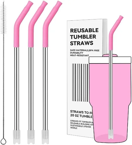 Miniatura 74 de Pajitas de metal rectas para vaso Stanley de 40 onzas, paquete de 3 popotes reutilizables de acero inoxidable con puntas de silicona y cepillo Gris