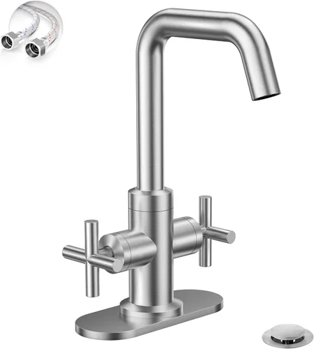 Miniatura 10 de Phiestina SGF002-10-BG - Grifo de baño de un solo orificio con drenaje, placa de cubierta y mangueras de suministro, apto para 1 o 3 agujeros